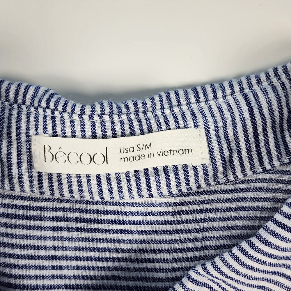 BeCool Blue White Stripe Button Up Shirt Linen Blend S/M Casual Top - Picture 6 of 10